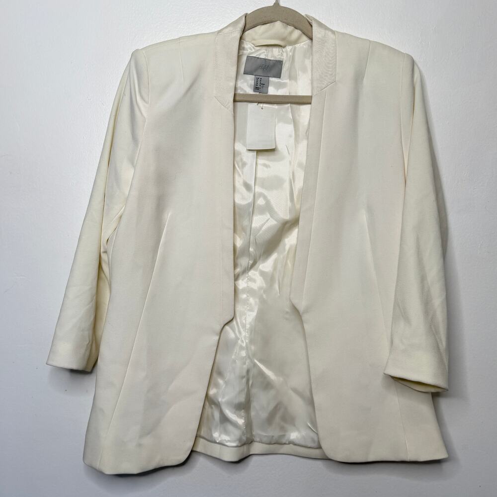 H&M Cream Off-White Open Front Blazer Ribbed Satin Collar Accent Size 12